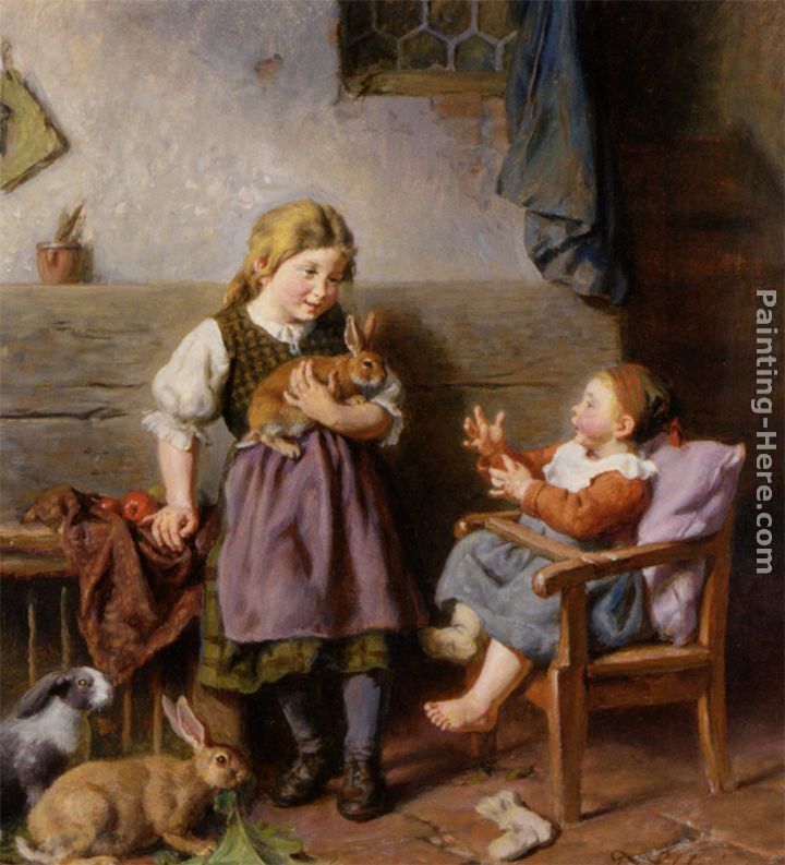 Playing with rabbits painting - Felix Schlesinger Playing with rabbits art painting